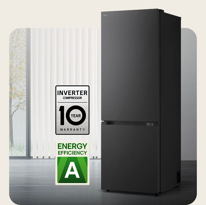 LG bottom freezer (GBBW726AEV) matte black front view in bright room with vertical blinds with 10 year compressor warranty and Energy Efficiency A icons below